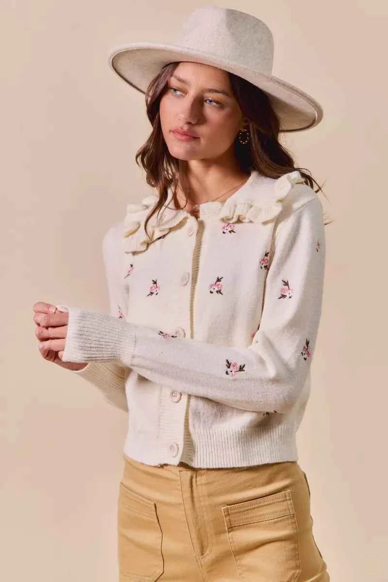 SO ME Collared Floral Embroidered Button Down Sweater Cardigan SO ME Collared Floral Embroidered Button Down Sweater Cardigan