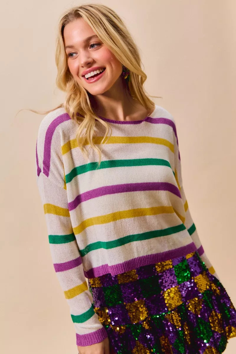 SO ME Mardi Gras Color Stripe Lightweight Sweater Top 9b865d1861454d5cb25ff2847b53d3a3-Max-Origin