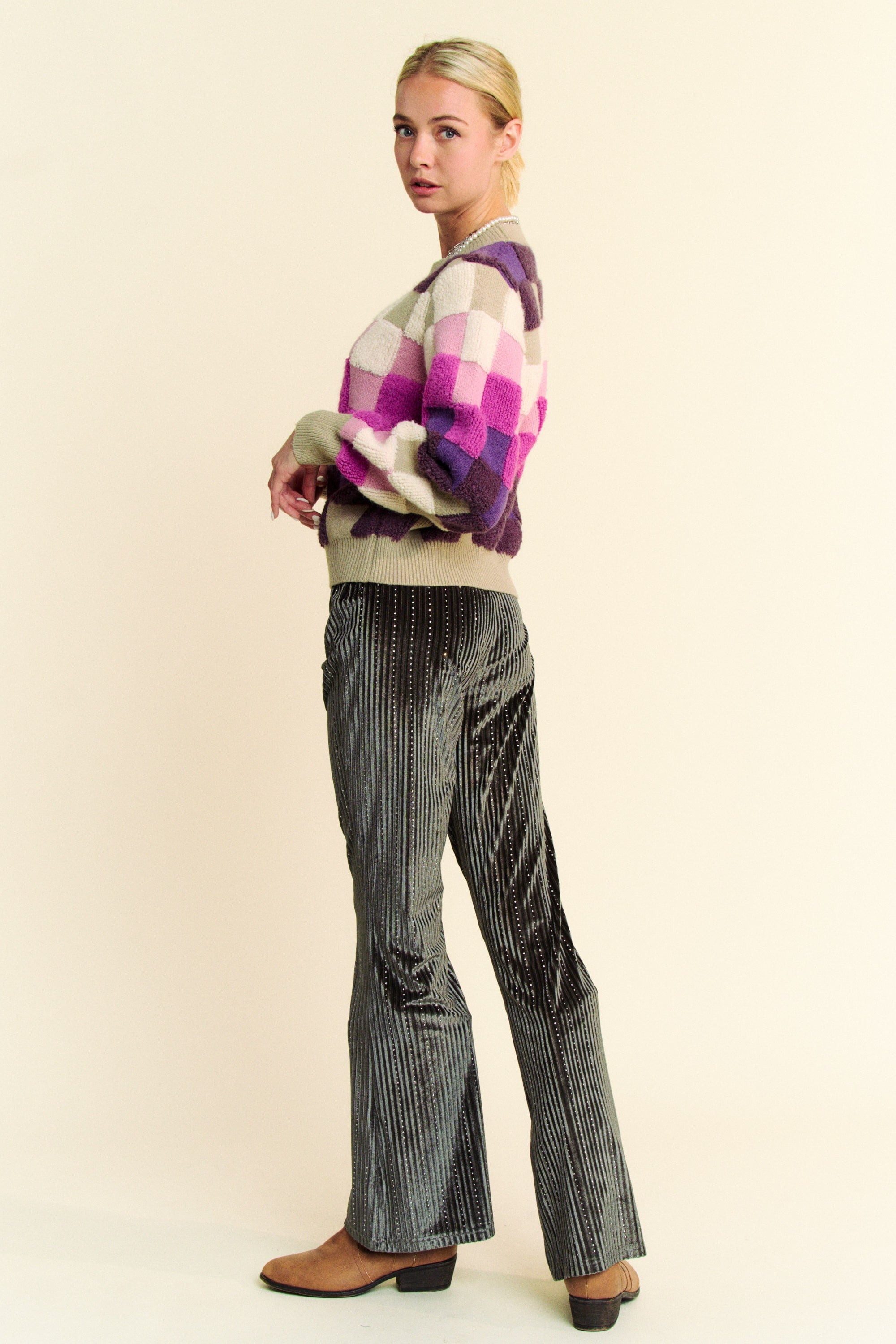 Davi & Dani Checkered Round Neck Long Sleeve Sweater Davi & Dani Checkered Round Neck Long Sleeve Sweater