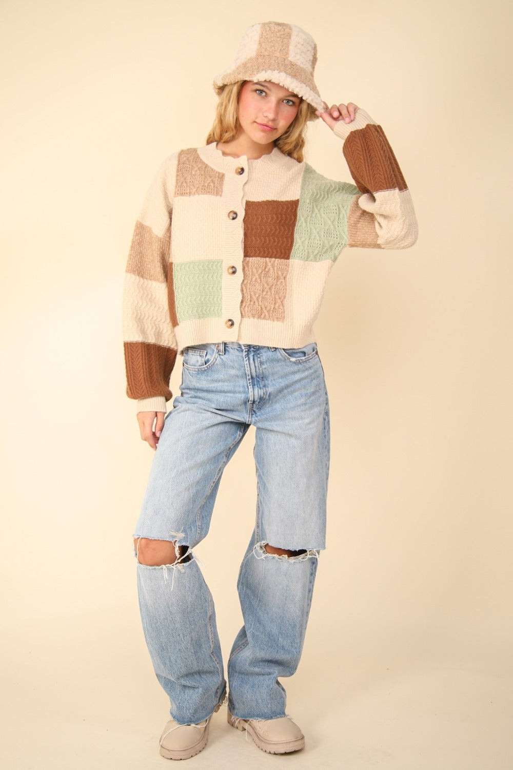 VERY J Color Block Button Down Textured Sweater Cardigan VERY J Color Block Button Down Textured Sweater Cardigan