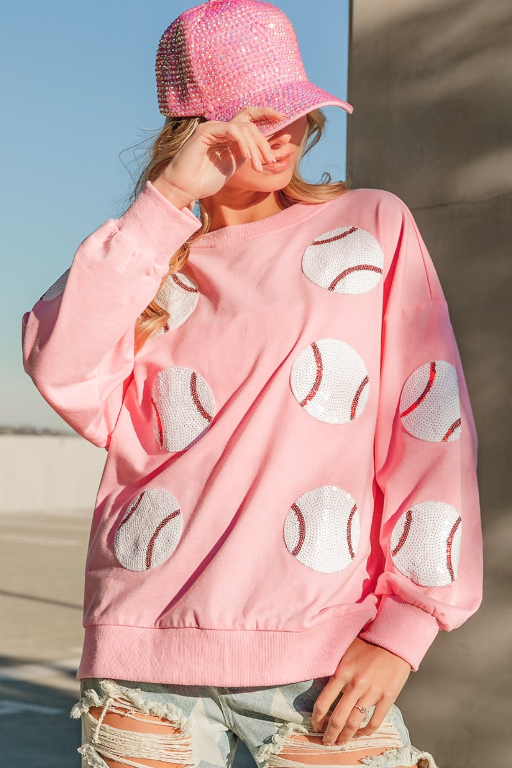 BiBi Sequin Baseball Patches French Terry Sweatshirt BiBi Sequin Baseball Patches French Terry Sweatshirt - TopFashionHQ
