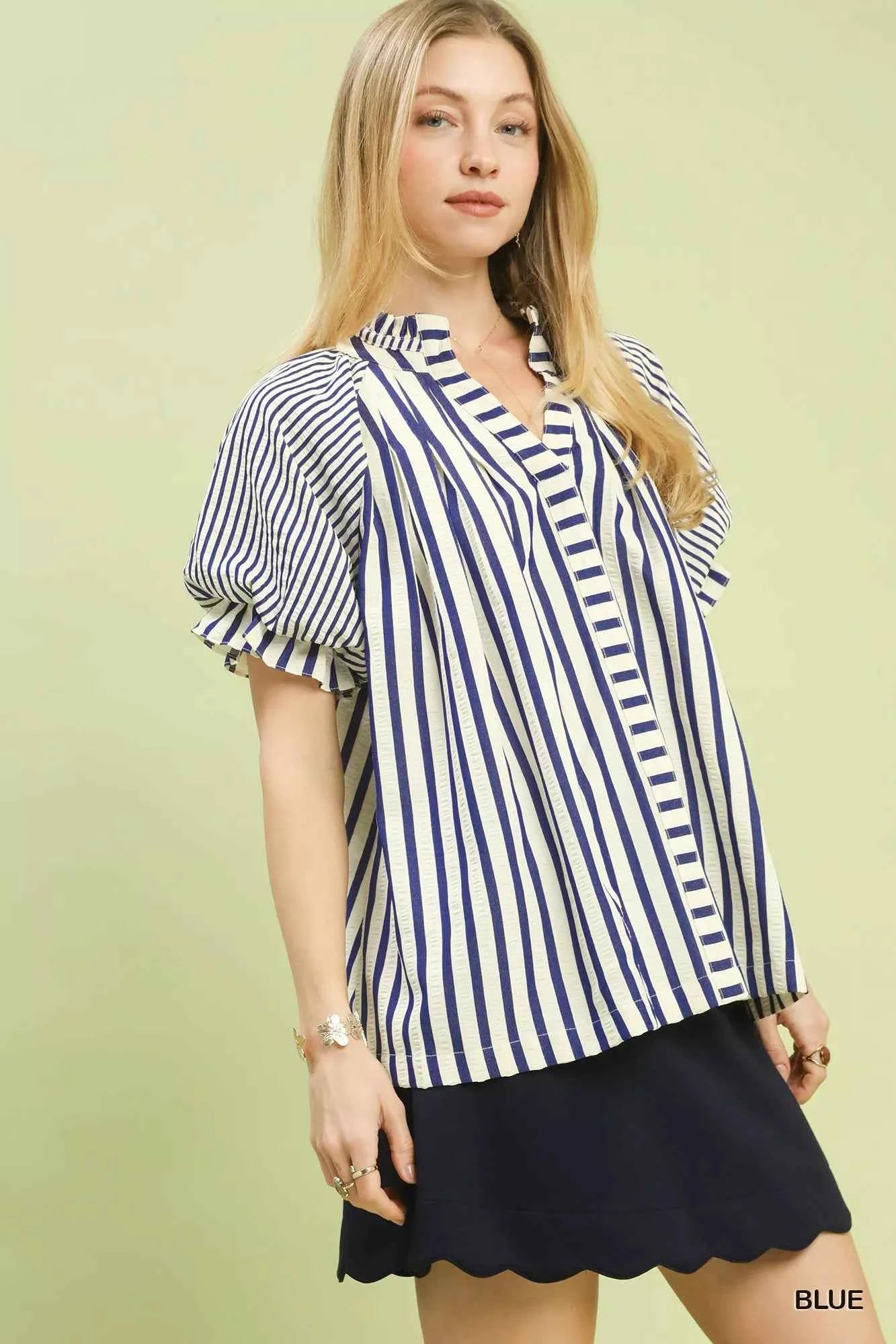 Umgee Striped Notched Top with Short Flutter Sleeves Umgee Striped Notched Top with Short Flutter Sleeves