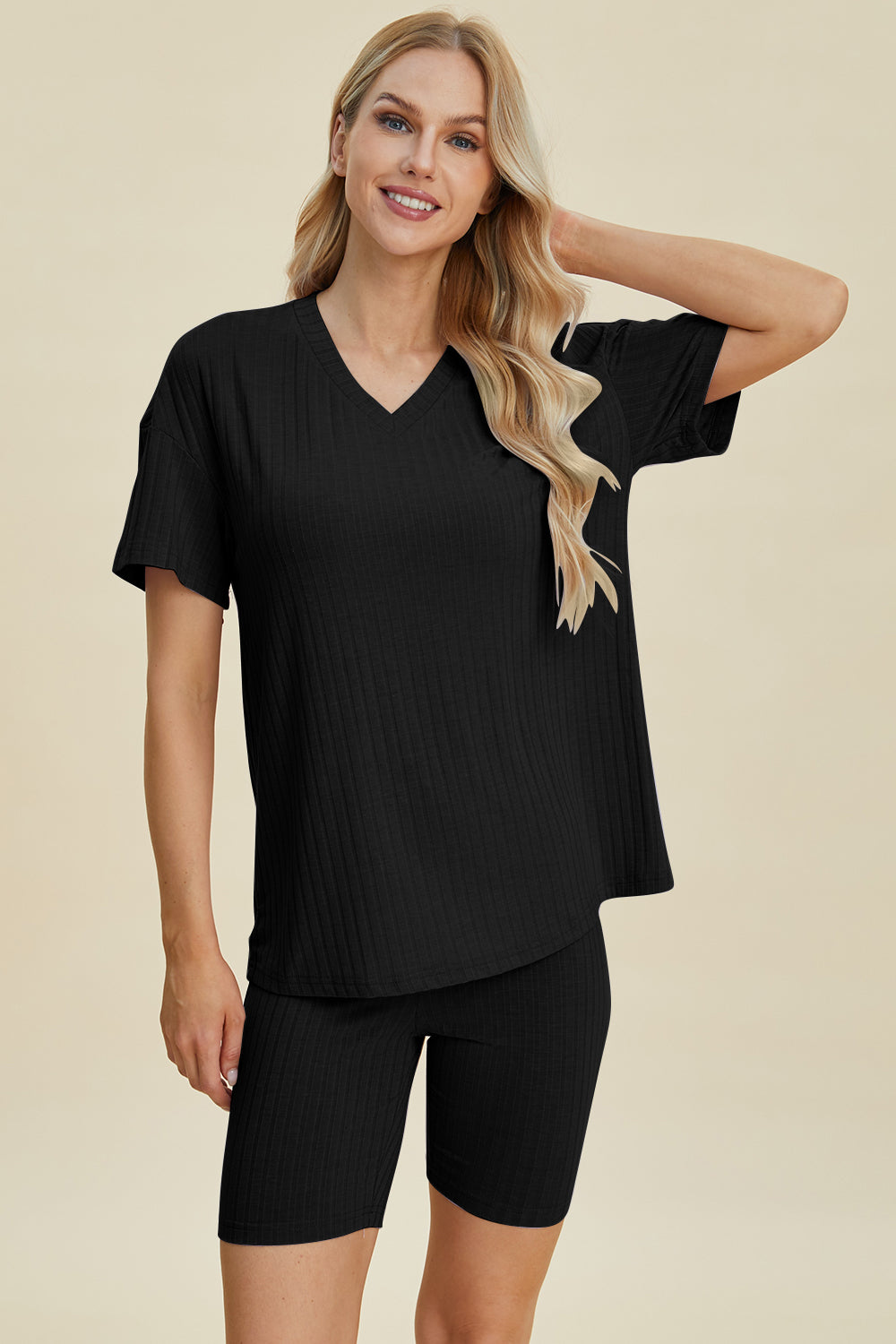 Basic Bae Full Size Ribbed V-Neck Short Sleeve Top and Shorts Set Basic Bae Full Size Ribbed V-Neck Short Sleeve Top and Shorts Set