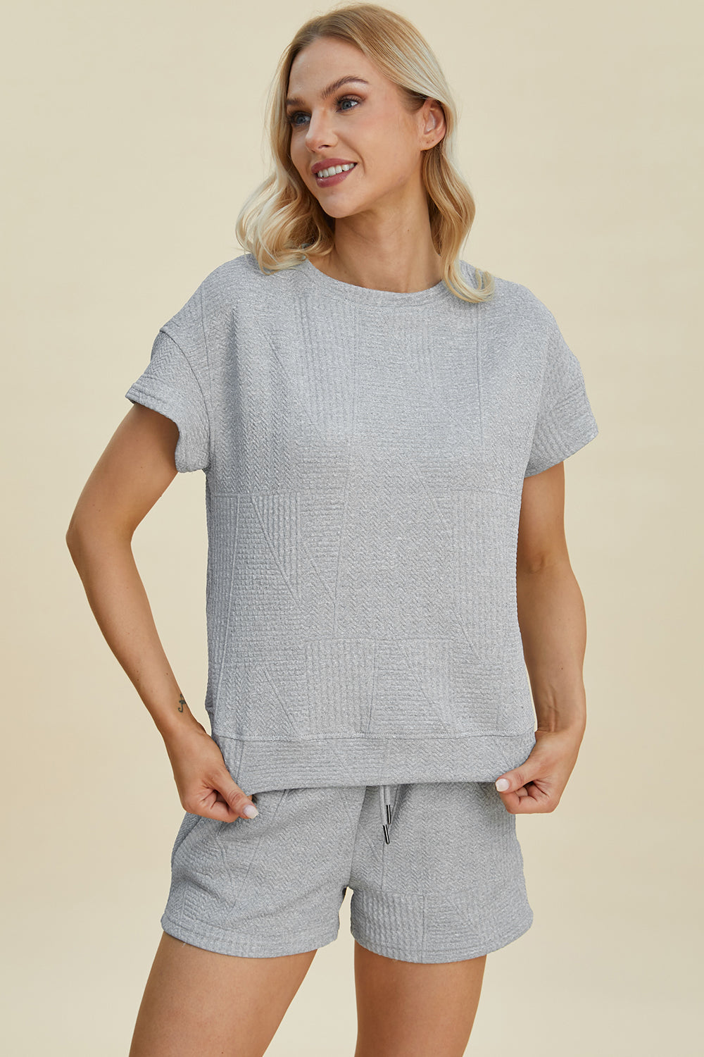 Double Take Full Size Texture Short Sleeve Top and Shorts Set Double Take Full Size Texture Short Sleeve Top and Shorts Set