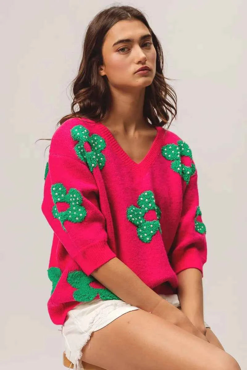 BiBi Pearl Beads Flowers Sweater Top BiBi Pearl Beads Flowers Sweater Top
