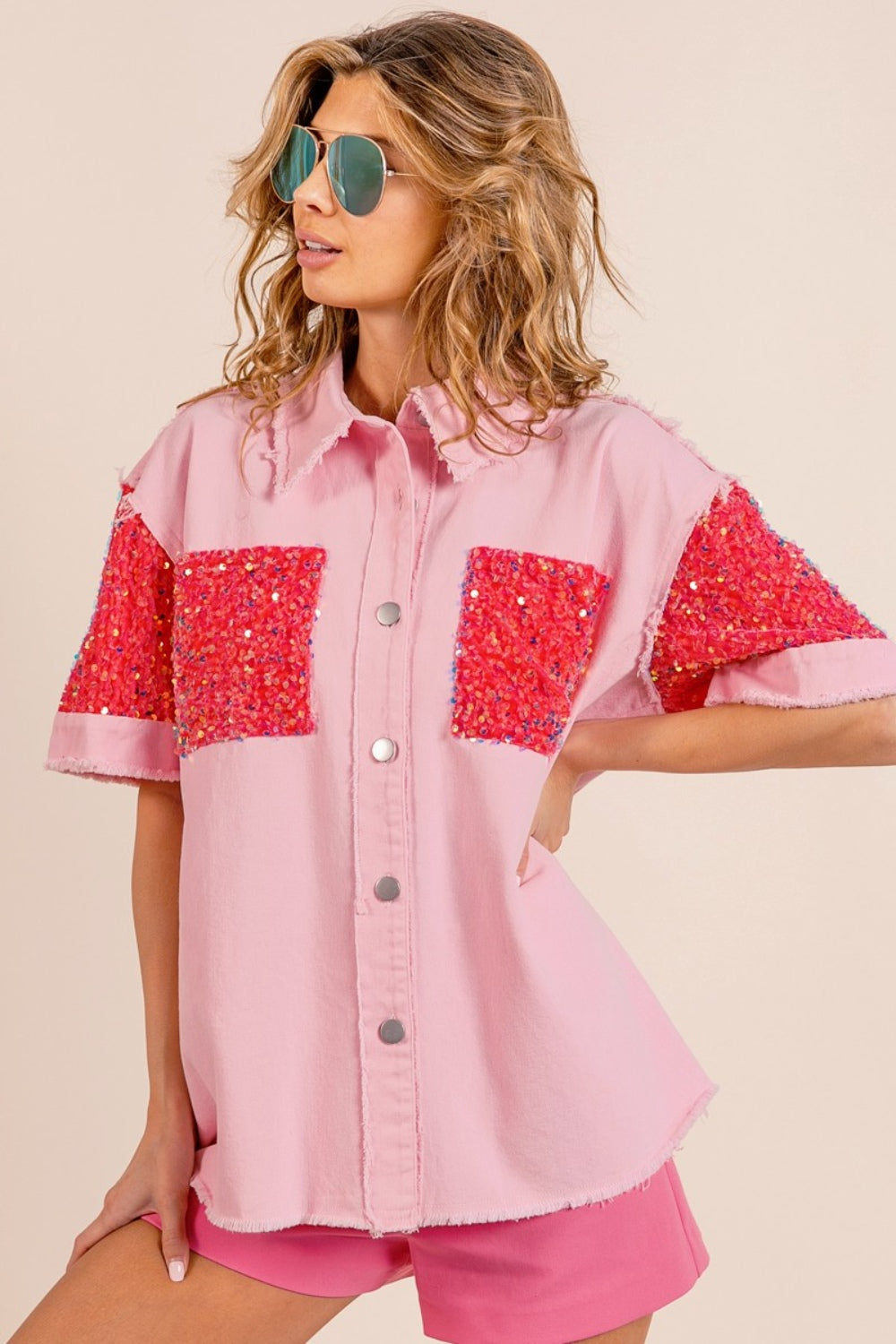 BiBi Sequin Detail Raw Hem Short Sleeve Shirt BiBi Sequin Detail Raw Hem Short Sleeve Shirt - TopFashionHQ