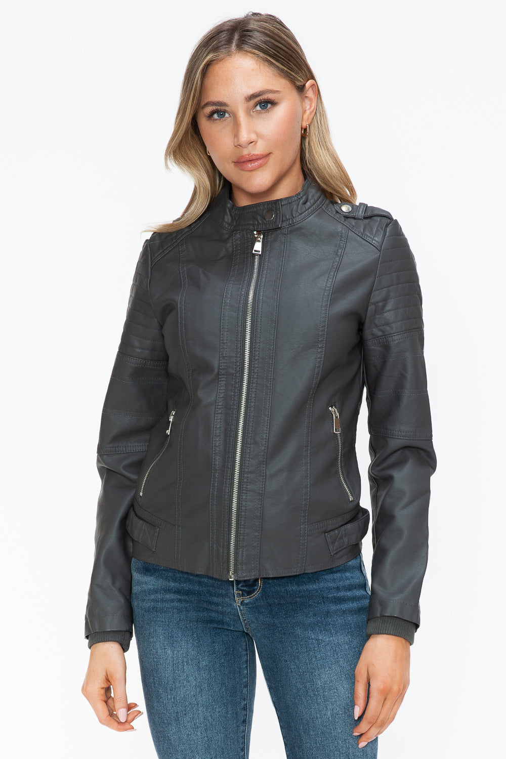 Snobbish PU Leather Biker Jacket with Side Zip Pockets Snobbish PU Leather Biker Jacket with Side Zip Pockets - TopFashionHQ