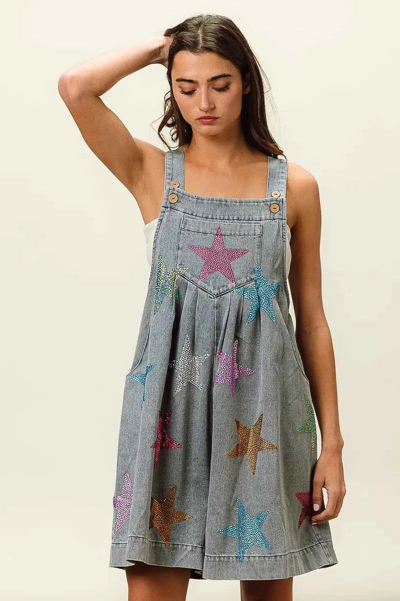 BiBi Star Rhinestone Washed Wide Leg Shortalls BiBi Star Rhinestone Washed Wide Leg Shortalls