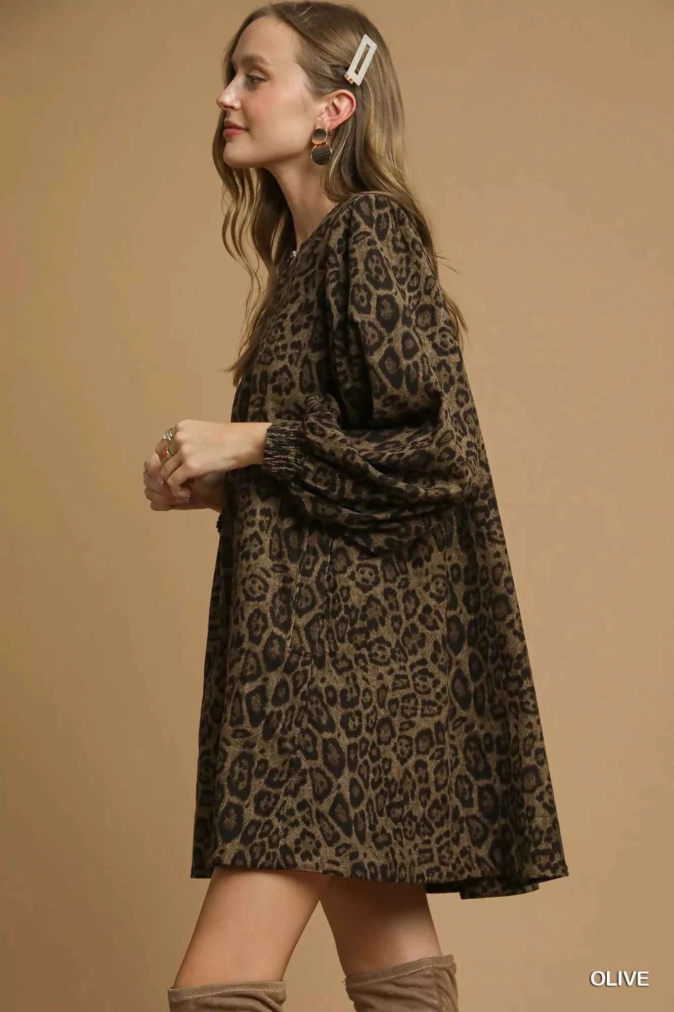 Umgee Leopard Print Long Sleeve Swing Dress Umgee Leopard Print Long Sleeve Swing Dress
