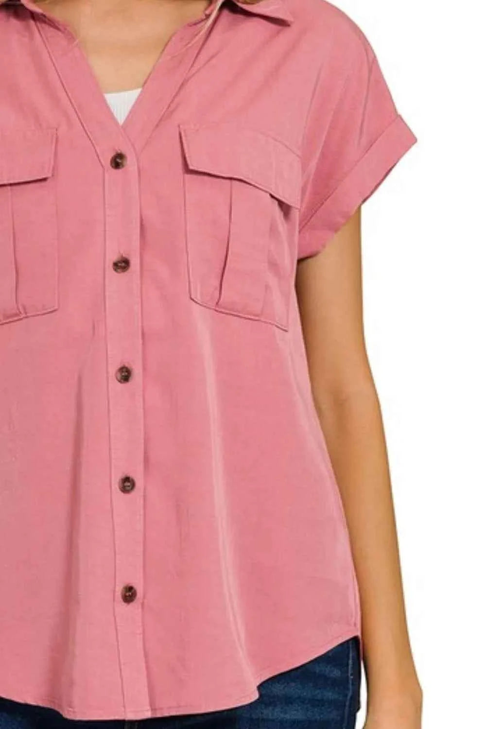 Zenana Tencel V-neck Collared Top W Front Flap Pockets Zenana Tencel V-neck Collared Top W Front Flap Pockets
