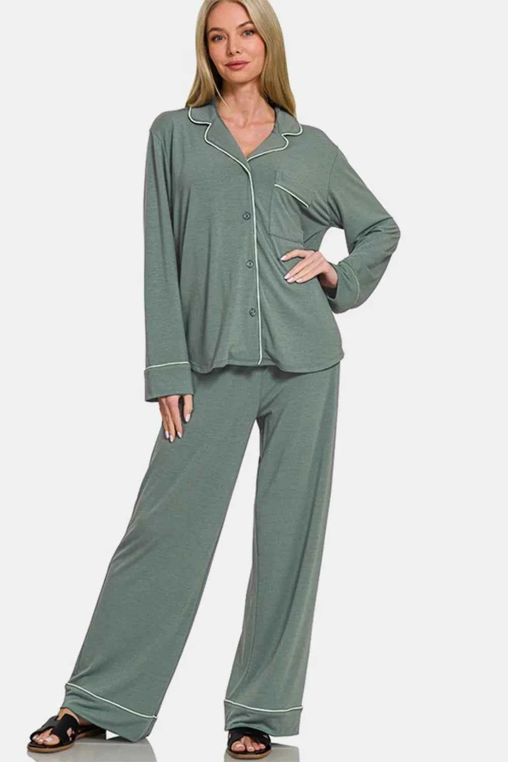 Zenana Button Down Long Sleeve Top and Pants Lounge Set Zenana Button Down Long Sleeve Top and Pants Lounge Set