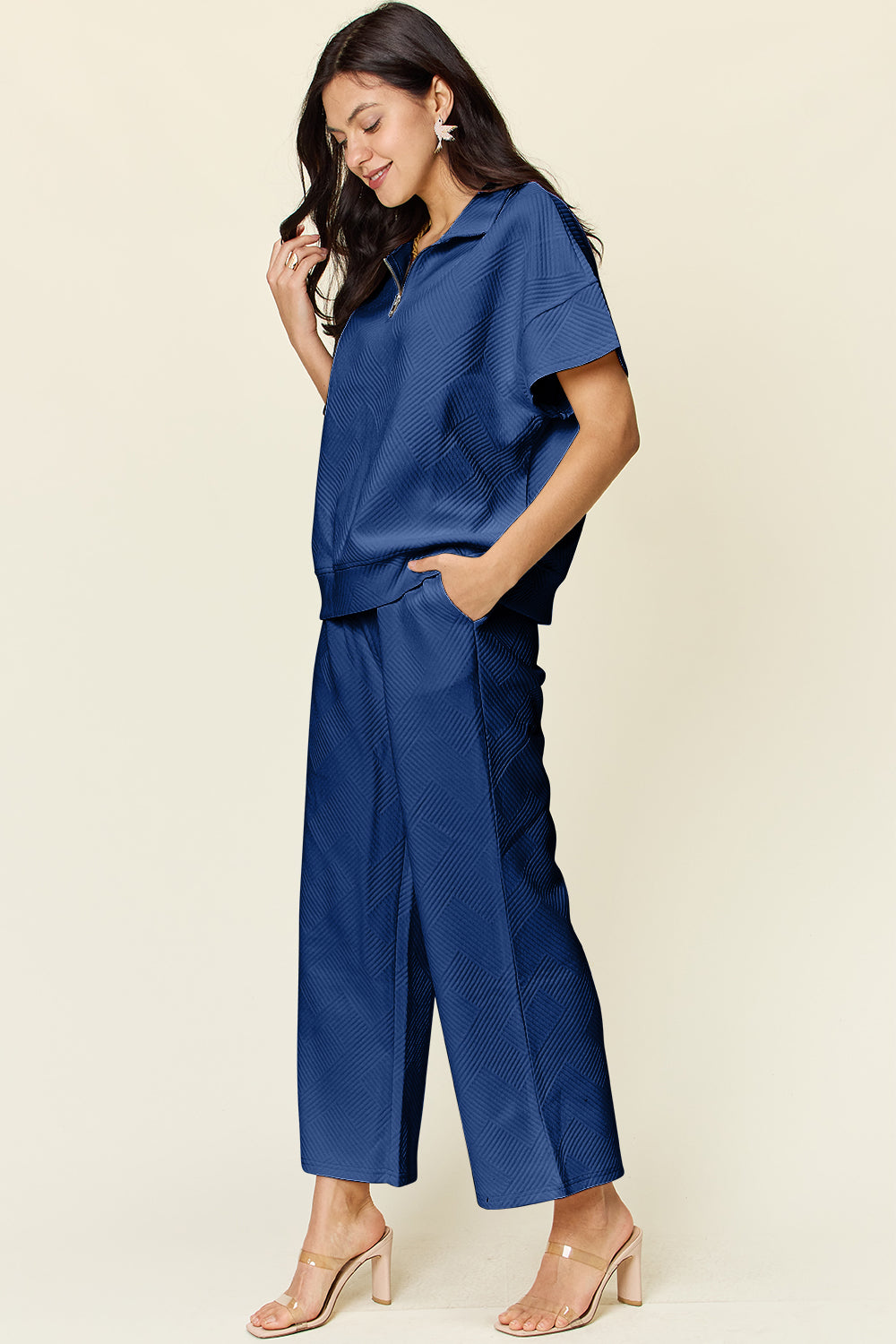 Double Take Full Size Texture Half Zip Short Sleeve Top and Pants Set Double Take Full Size Texture Half Zip Short Sleeve Top and Pants Set