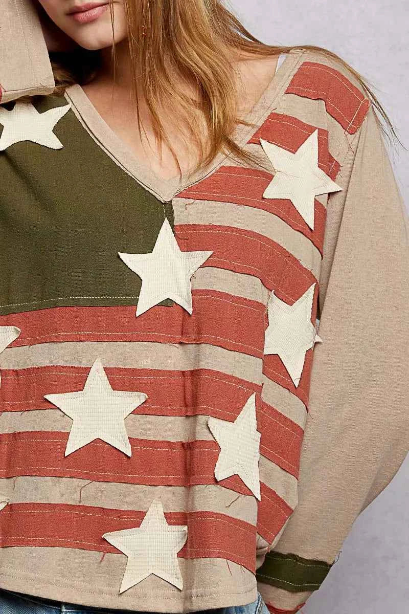 POL Double Gauze American Flag Patch V-Neck Long Sleeve T-Shirt POL Double Gauze American Flag Patch V-Neck Long Sleeve T-Shirt