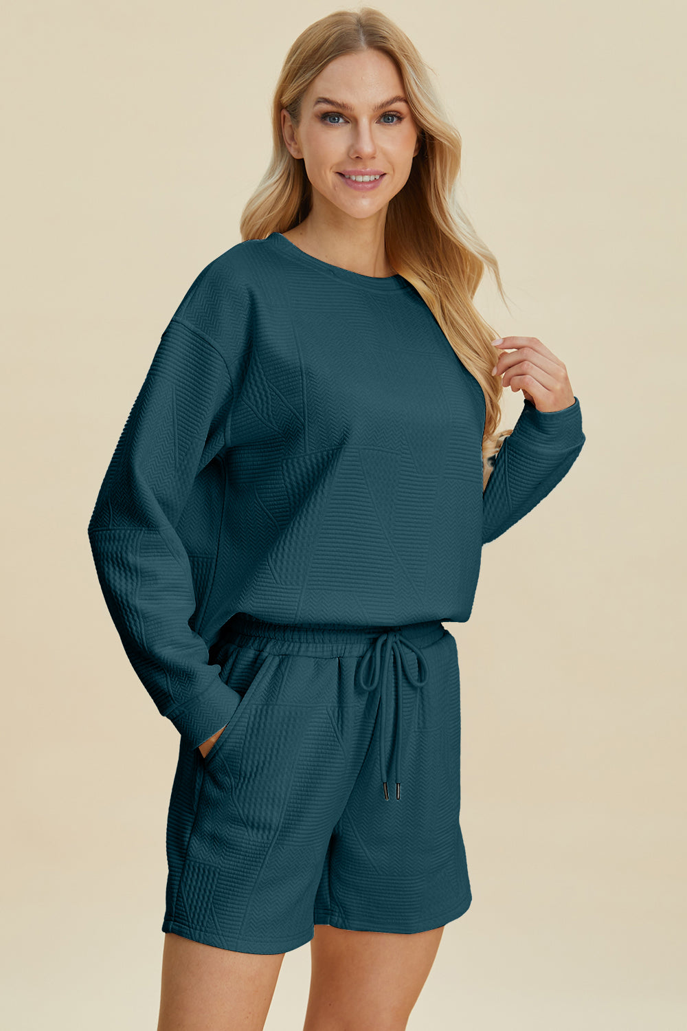 Double Take Full Size Texture Round Neck Long Sleeve Top and Shorts Set Double Take Full Size Texture Round Neck Long Sleeve Top and Shorts Set