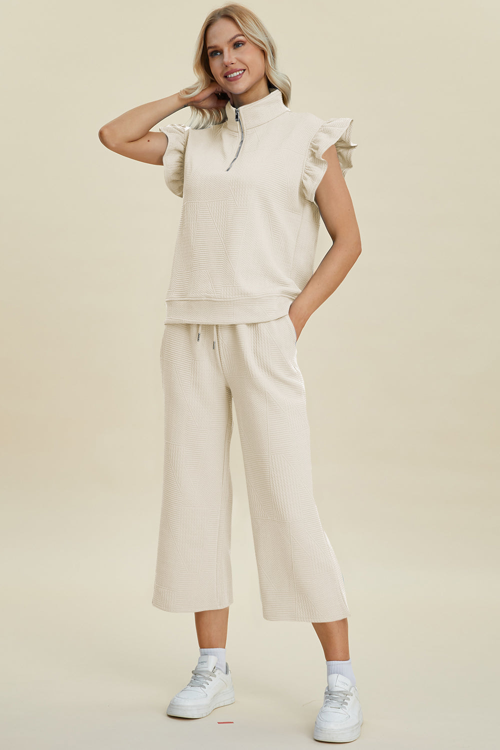 Double Take Full Size Texture Ruffle Short Sleeve Top and Wide Leg Pants Set Double Take Full Size Texture Ruffle Short Sleeve Top and Wide Leg Pants Set