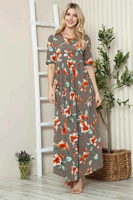BOMBOM Floral Round Neck Short Sleeve Maxi Tee Dress BOMBOM Floral Round Neck Short Sleeve Maxi Tee Dress