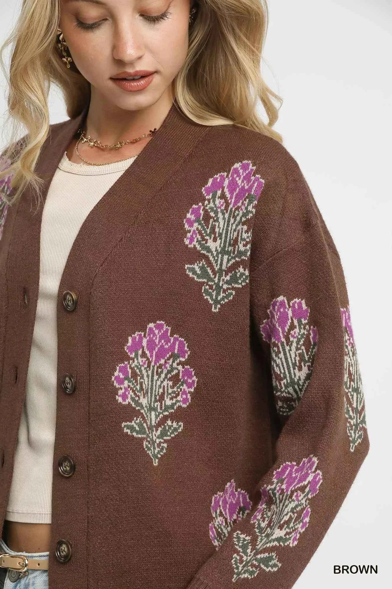 Umgee Single Flower Stem Jacquard Cardigan Sweater Umgee Single Flower Stem Jacquard Cardigan Sweater