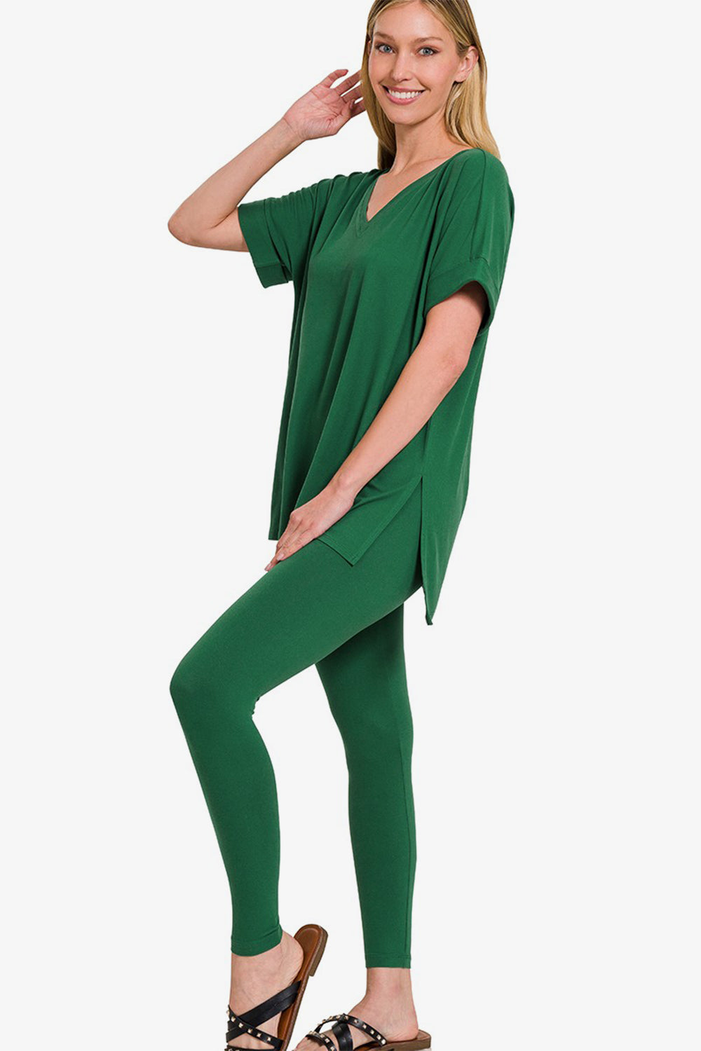 Zenana V-Neck Rolled Short Sleeve T-Shirt and Leggings Lounge Set Zenana V-Neck Rolled Short Sleeve T-Shirt and Leggings Lounge Set - TopFashionHQ