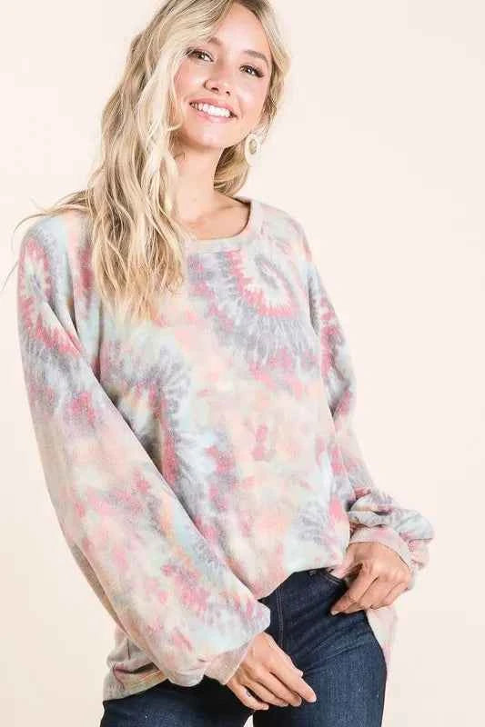 BiBi Brushed Tie Dye Print Top with Puff Sleeves BiBi Brushed Tie Dye Print Top with Puff Sleeves
