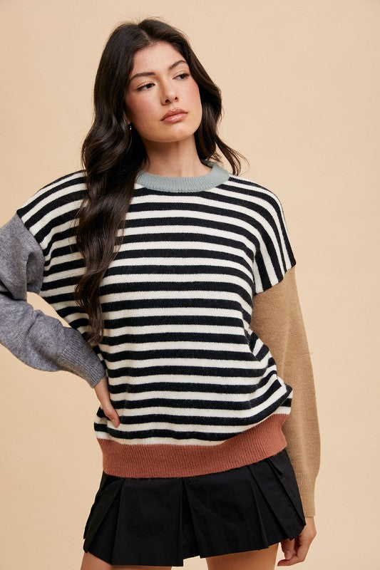 Annie Wear Striped Color Block Round Neck Sweater Annie Wear Striped Color Block Round Neck Sweater