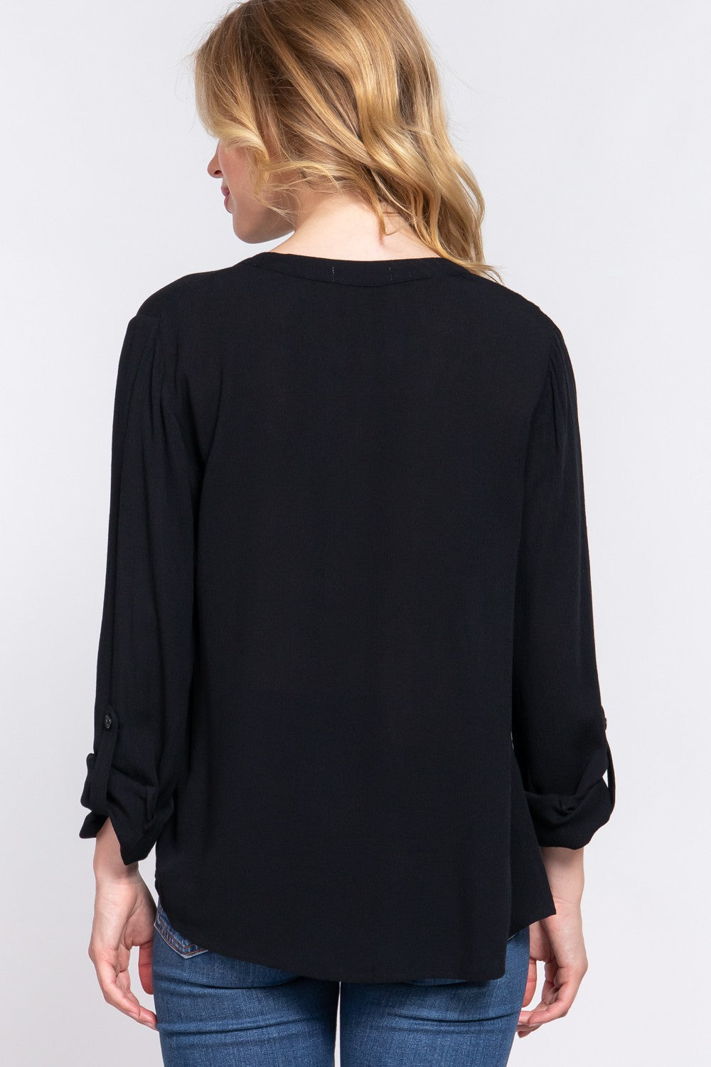 ACTIVE BASIC Full Size Notched Long Sleeve Woven Top ACTIVE BASIC Full Size Notched Long Sleeve Woven Top - TopFashionHQ