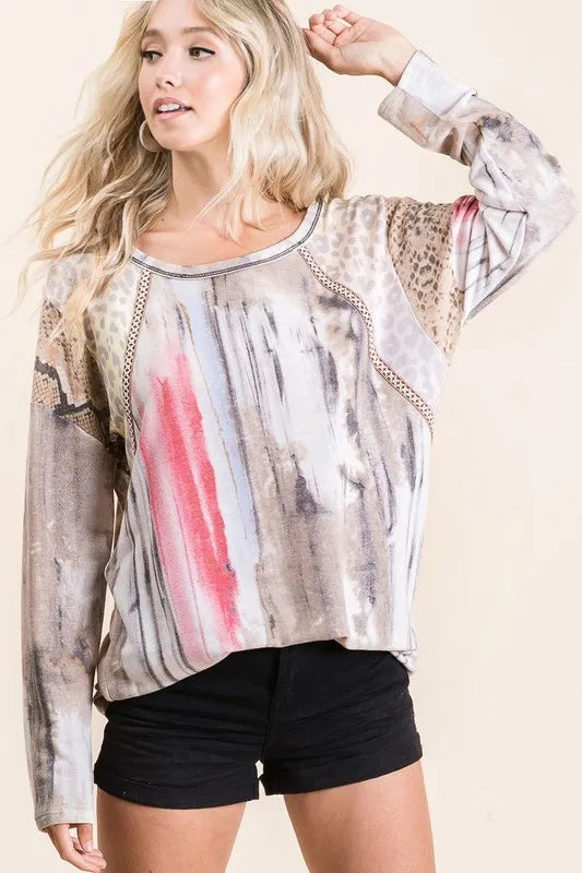 BiBi Tie Dye Knit Top with Print Block Shoulder 9d4f04c04e9b4b9eba6cc312108817d6-Max-Origin
