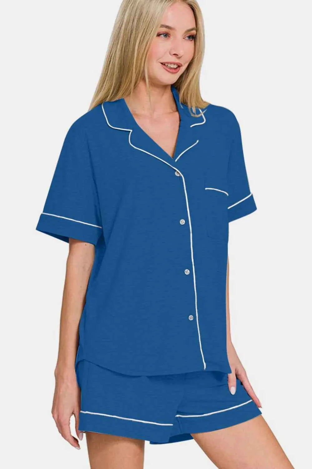 Zenana Button Down Short Sleeve Top and Shorts Lounge Set Zenana Button Down Short Sleeve Top and Shorts Lounge Set
