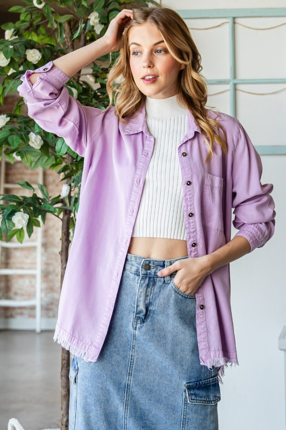 Veveret Raw Hem Button Up Long Sleeve Shirt Veveret Raw Hem Button Up Long Sleeve Shirt - TopFashionHQ