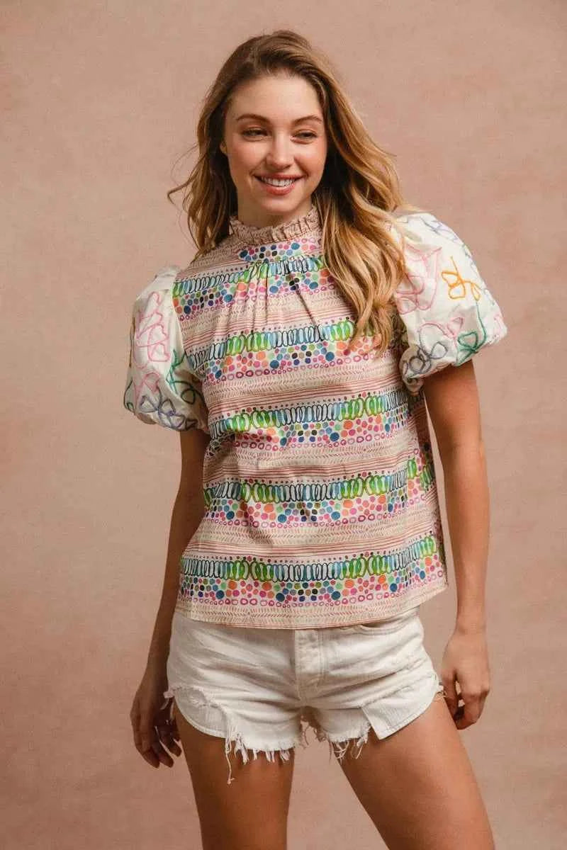 BiBi Ruffle Neckline Blouse With Embroidery Bubble Sleeve BiBi Ruffle Neckline Blouse With Embroidery Bubble Sleeve