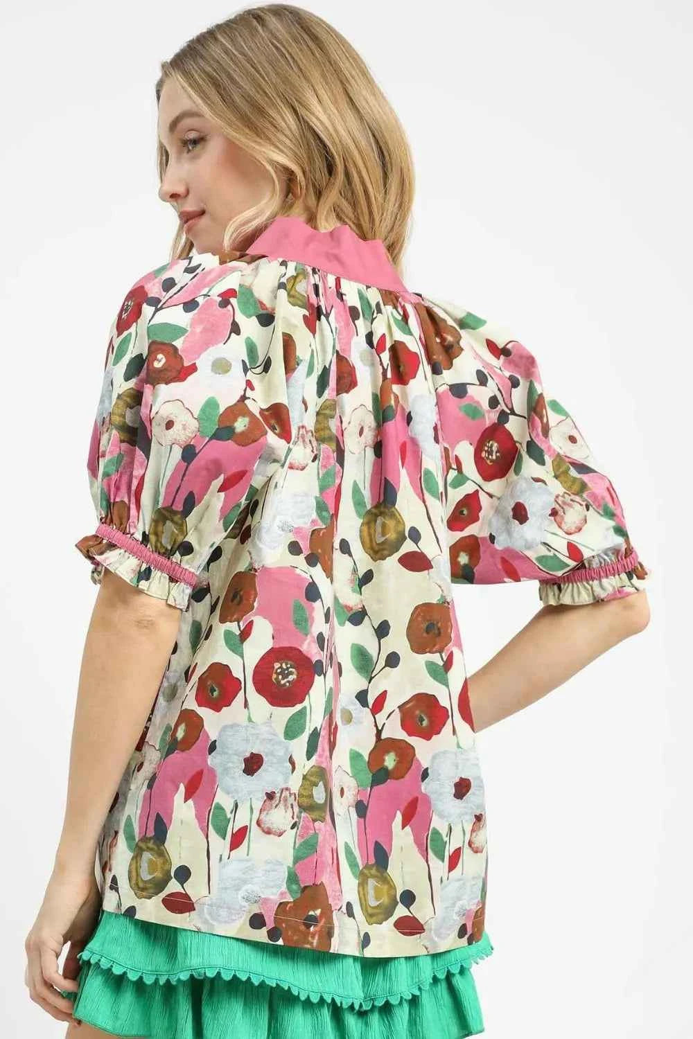 Umgee Floral Print Puff Sleeve Oversized Blouse Umgee Floral Print Puff Sleeve Oversized Blouse