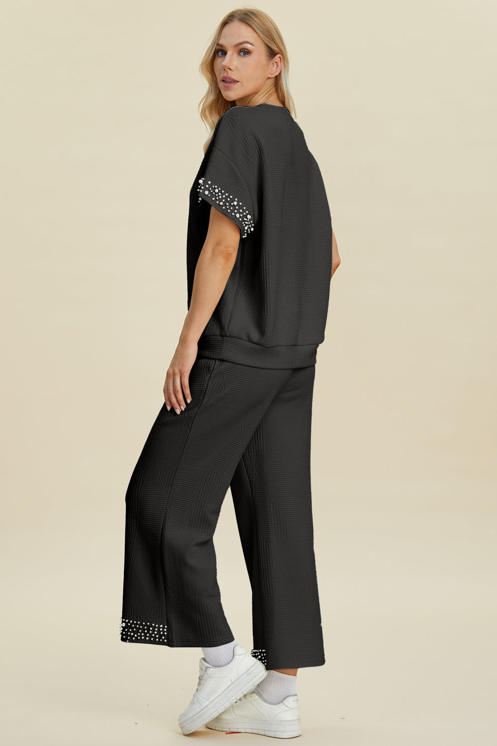 Double Take Full Size Pearl Detail Round Neck Top and Pants Set Double Take Full Size Pearl Detail Round Neck Top and Pants Set