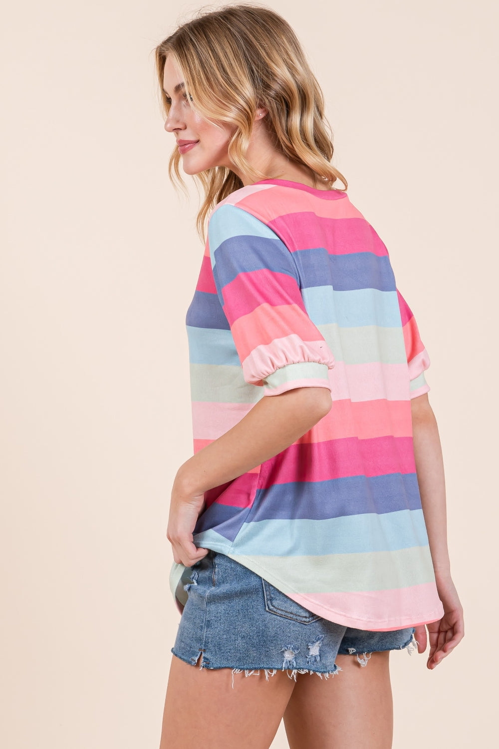 BOMBOM Striped Round Neck Half Sleeve T-Shirt BOMBOM Striped Round Neck Half Sleeve T-Shirt - TopFashionHQ