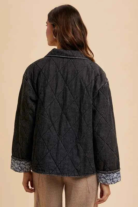 Annie Wear Quilted Printed Lining Snap Down Denim Jacket Annie Wear Quilted Printed Lining Snap Down Denim Jacket