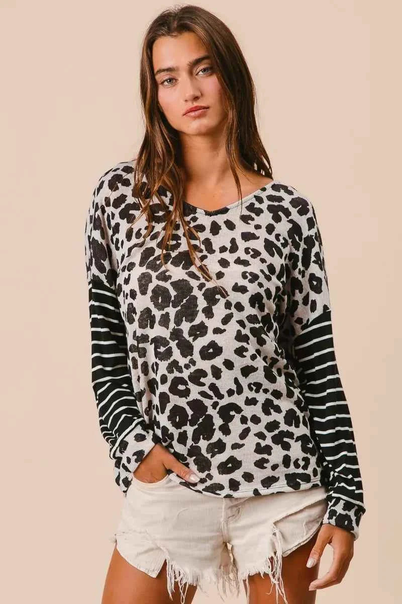 BiBi Leopard Hacci Knit Twist Back Top With Stripe Sleeve BiBi Leopard Hacci Knit Twist Back Top With Stripe Sleeve