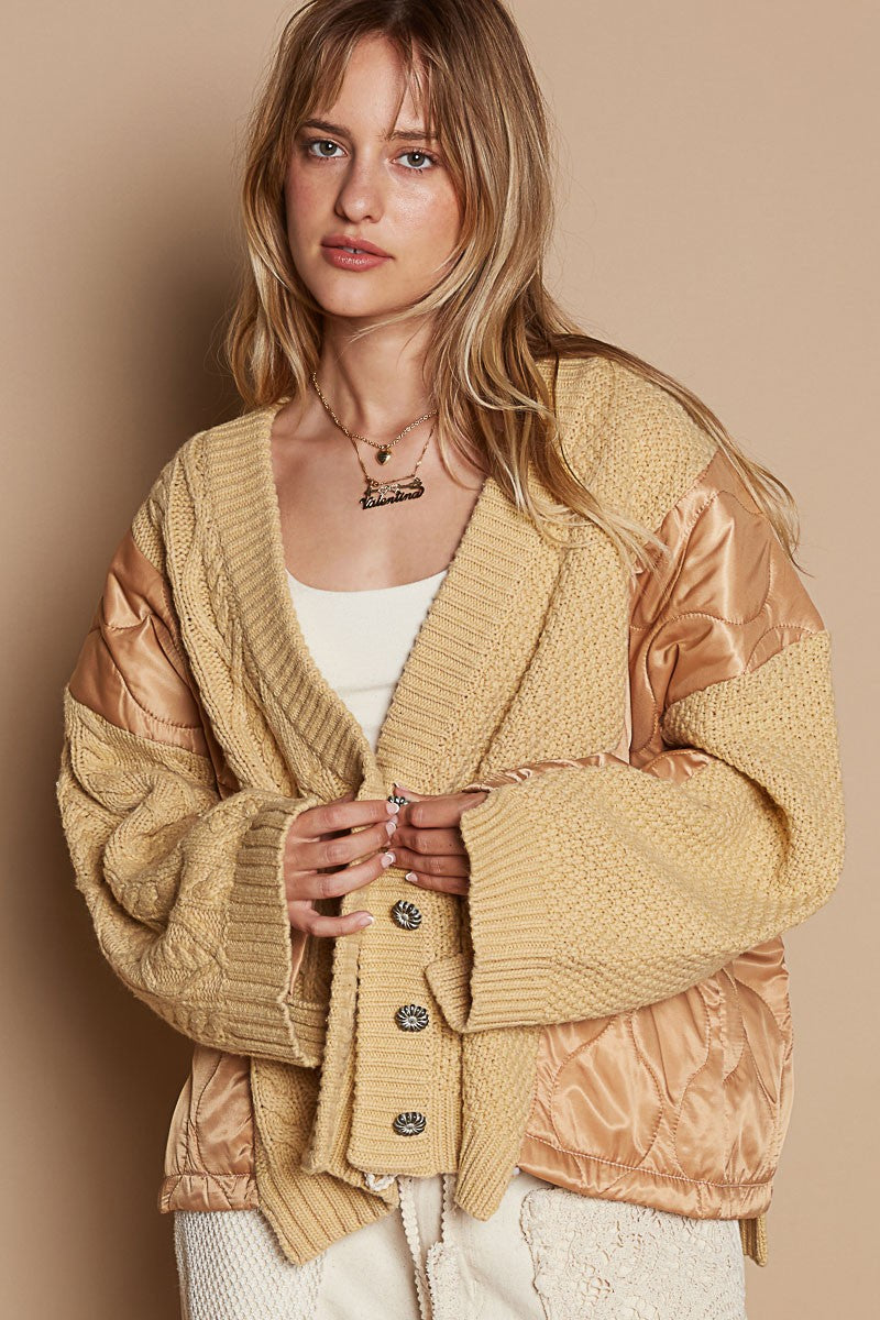 POL Quilting Patch Button Up Cable Knit Jacket POL Quilting Patch Button Up Cable Knit Jacket