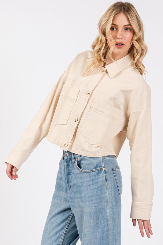 bytos Button Down Cropped Denim Jacket with Patch Pockets bytos Button Down Cropped Denim Jacket with Patch Pockets