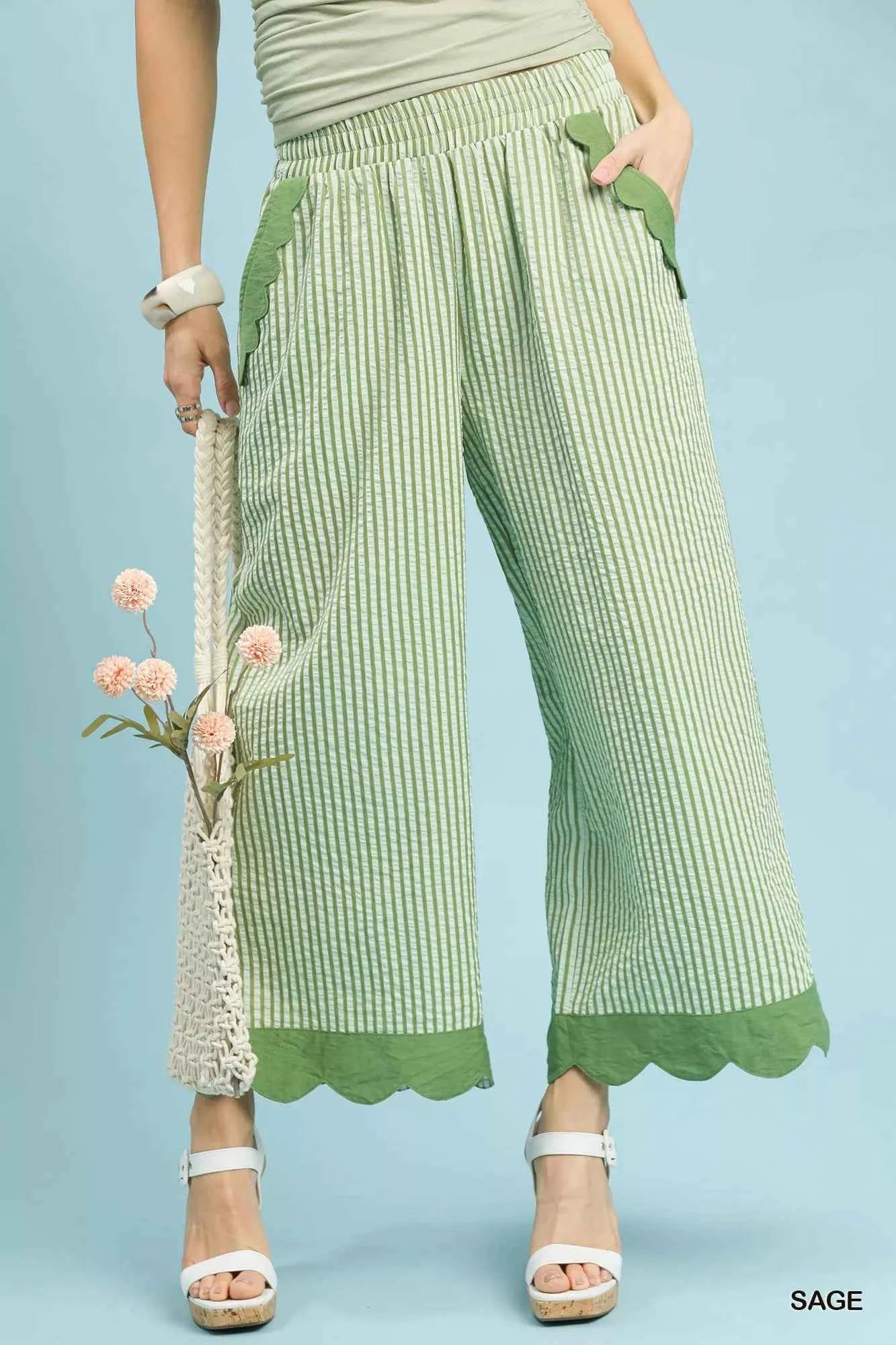 Umgee Stripe Scallop Hem Wide Leg Pants Umgee Stripe Scallop Hem Wide Leg Pants
