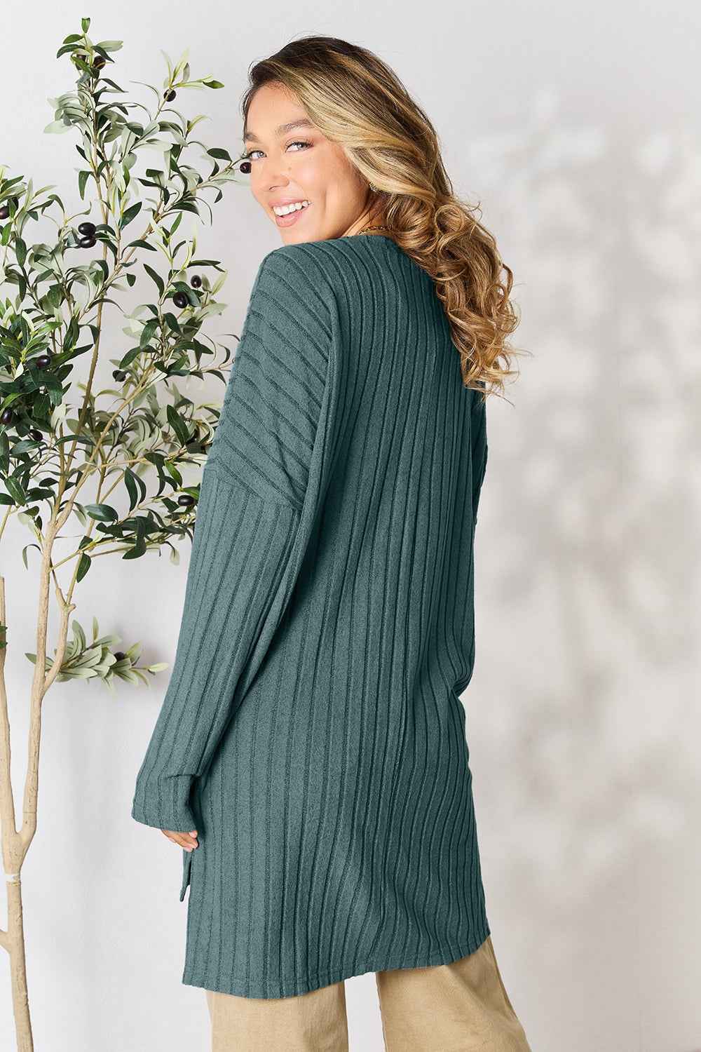 Basic Bae Full Size Ribbed Round Neck Long Sleeve Slit Top Basic Bae Full Size Ribbed Round Neck Long Sleeve Slit Top