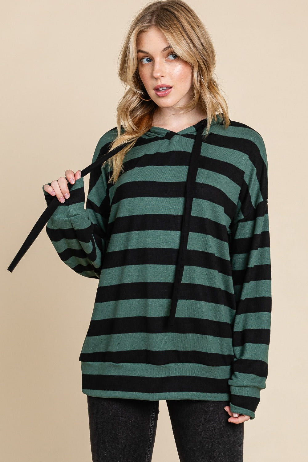 BOMBOM Drawstring Striped Dropped Shoulder Hoodie BOMBOM Drawstring Striped Dropped Shoulder Hoodie