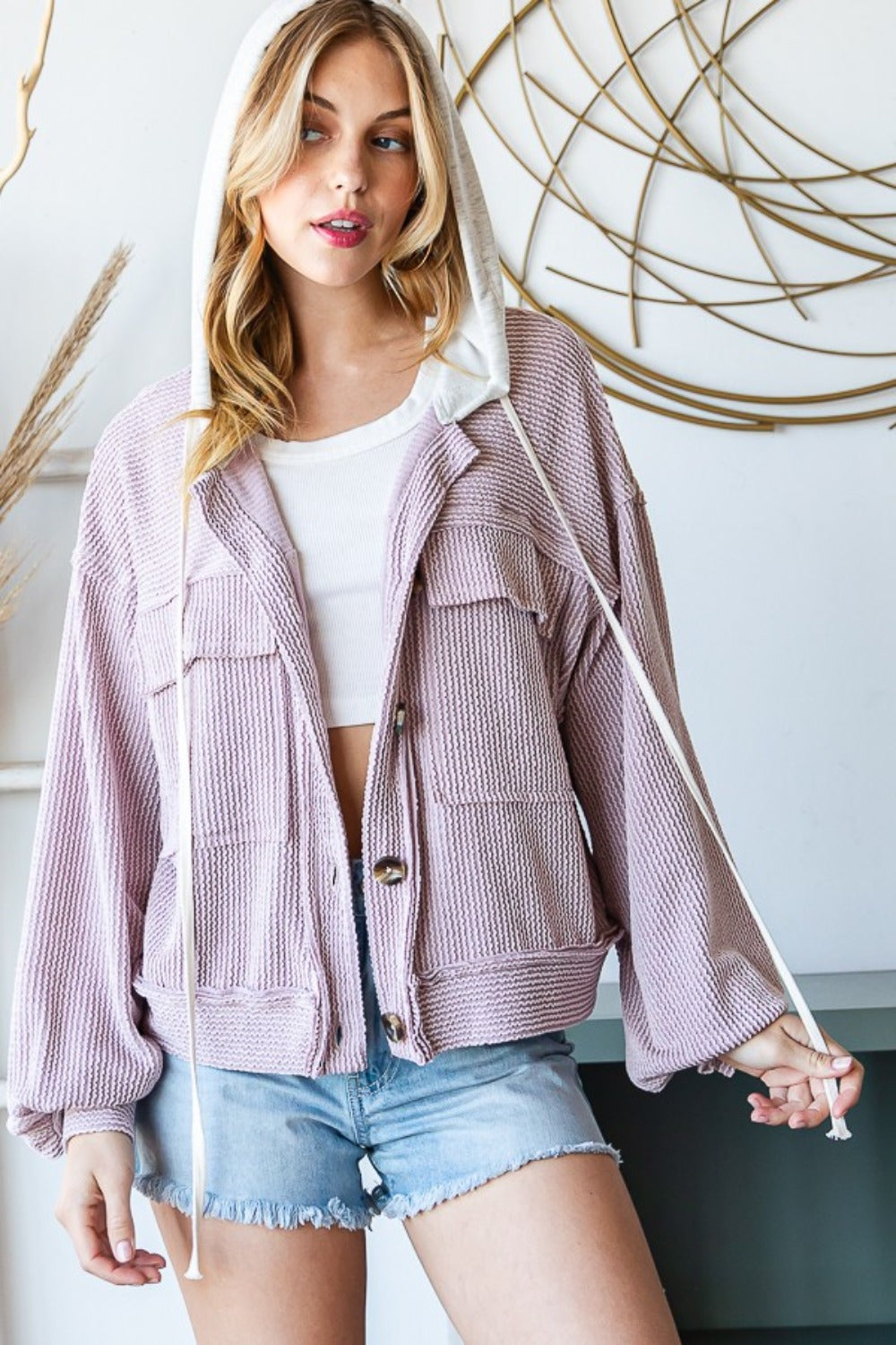 Reborn J Contrast Hooded Button Down Ribbed Jacket Reborn J Contrast Hooded Button Down Ribbed Jacket