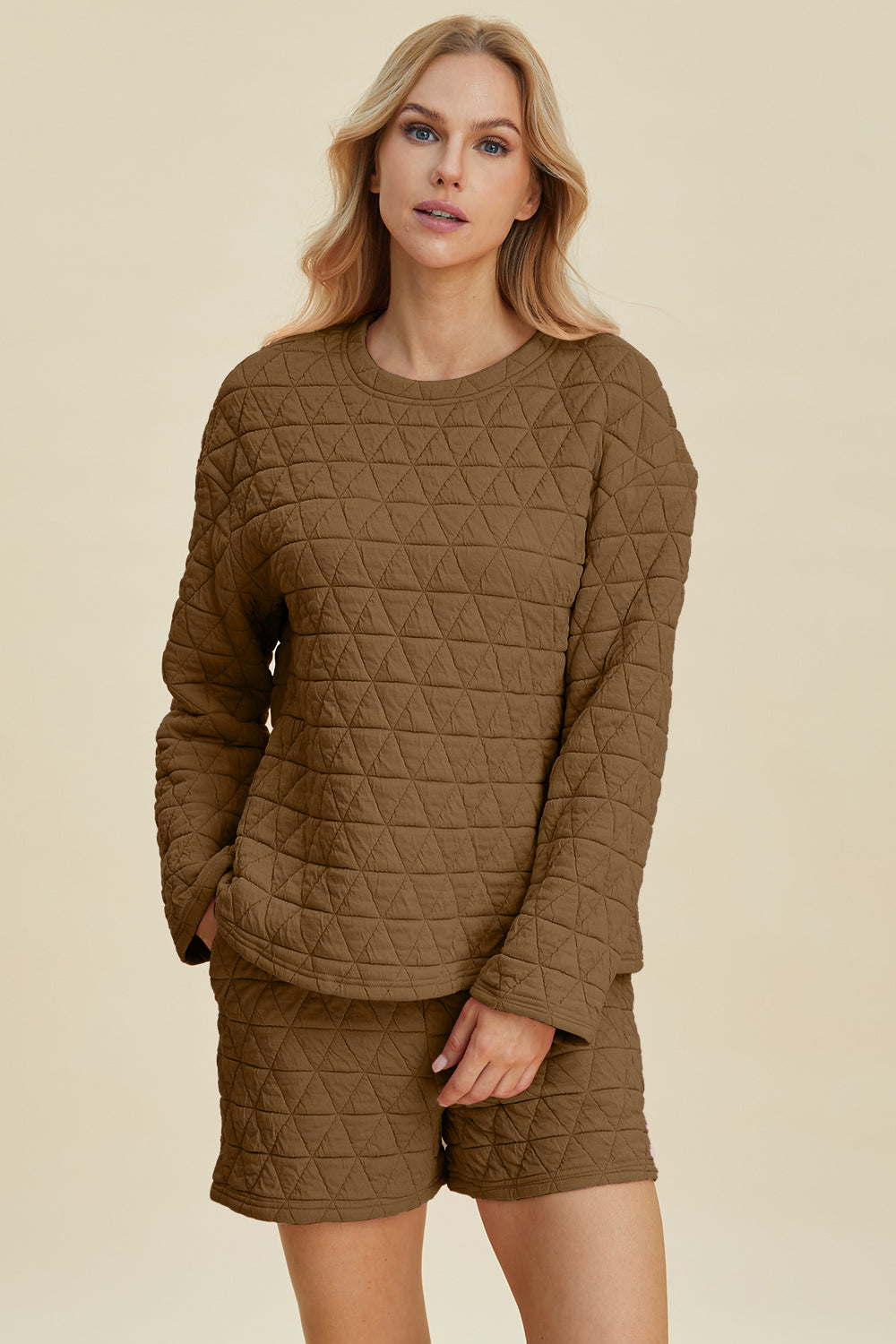 Double Take Full Size Texture Round Neck Long Sleeve Top and Shorts Set Double Take Full Size Texture Round Neck Long Sleeve Top and Shorts Set