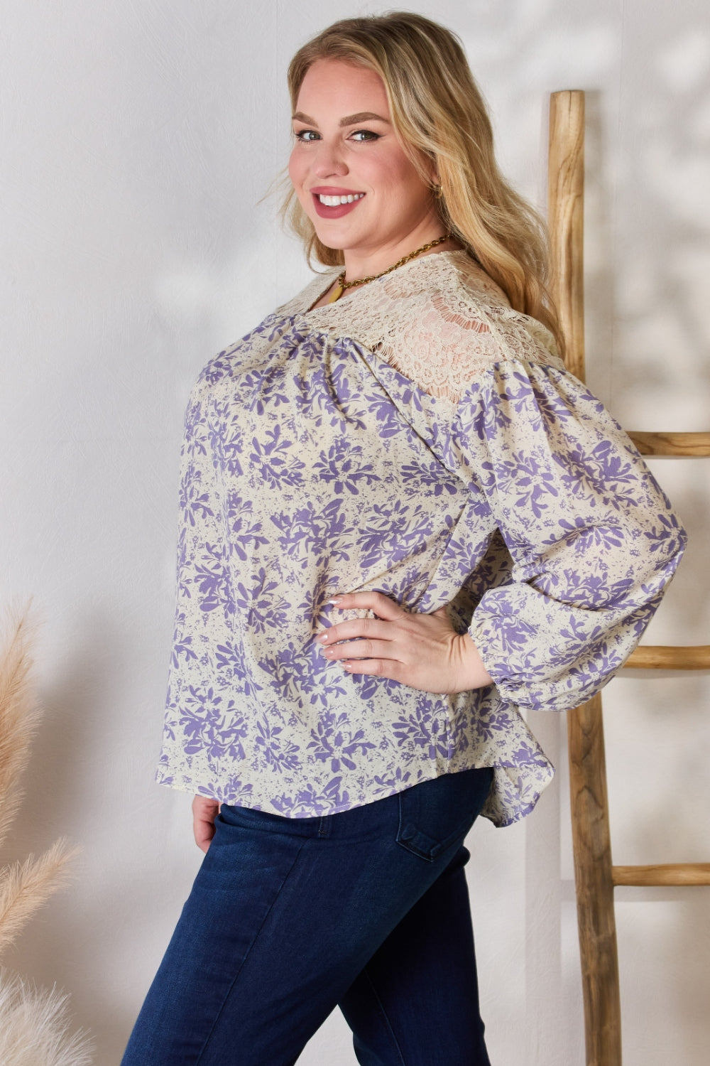 Hailey & Co Full Size Lace Detail Printed Blouse Hailey & Co Full Size Lace Detail Printed Blouse - TopFashionHQ