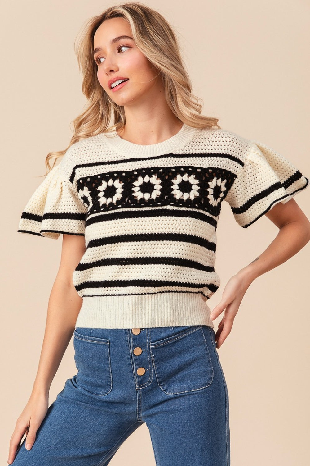BiBi Granny Square Short Sleeve Striped Sweater BiBi Granny Square Short Sleeve Striped Sweater - TopFashionHQ