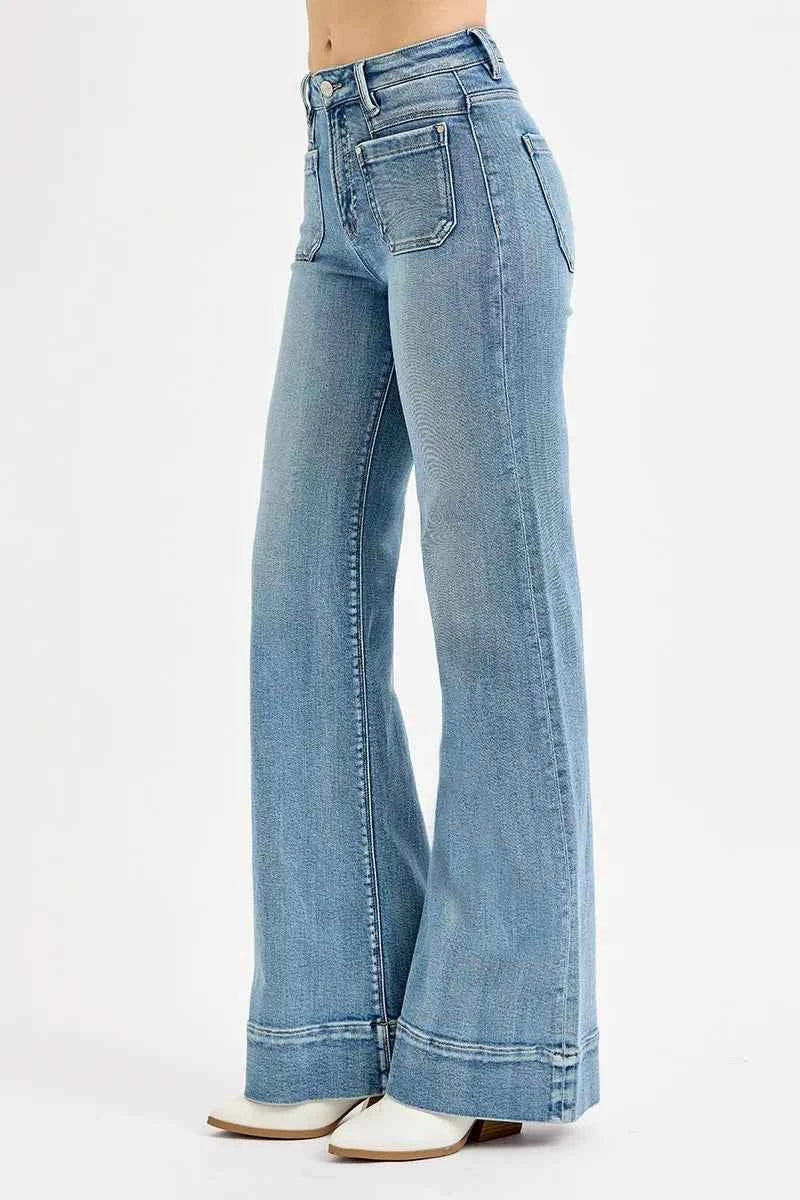 RISEN Full Size High Rise Wide Flare Patch Pocket Jeans Plus Size RISEN Full Size High Rise Wide Flare Patch Pocket Jeans Plus Size