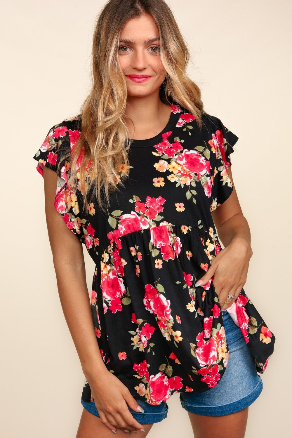 Haptics Floral Ruffle Short Sleeve Babydoll Top Haptics Floral Ruffle Short Sleeve Babydoll Top - TopFashionHQ
