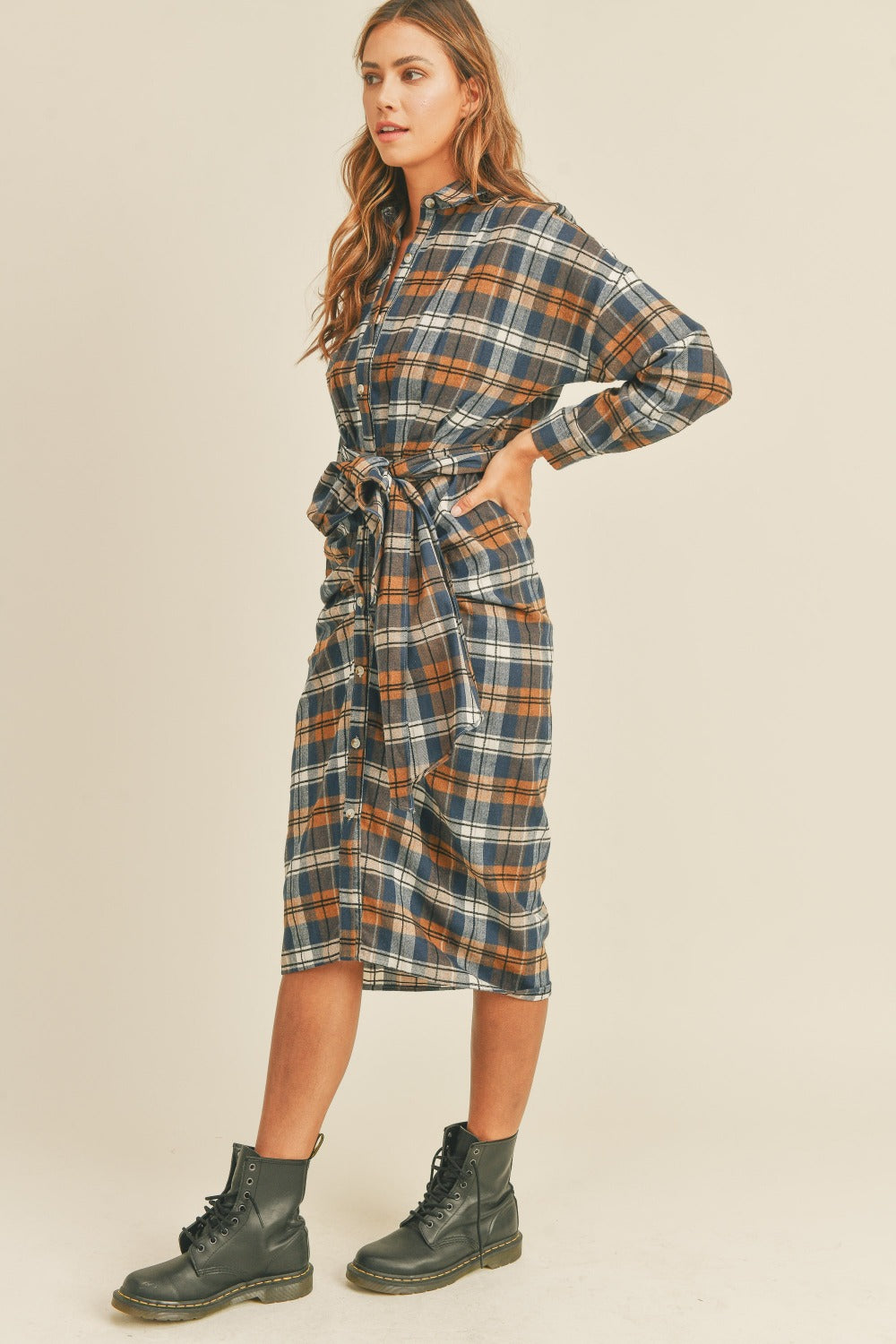 Mable Plaid Flannel Front Tie Button Down Shirt Dress Mable Plaid Flannel Front Tie Button Down Shirt Dress - TopFashionHQ