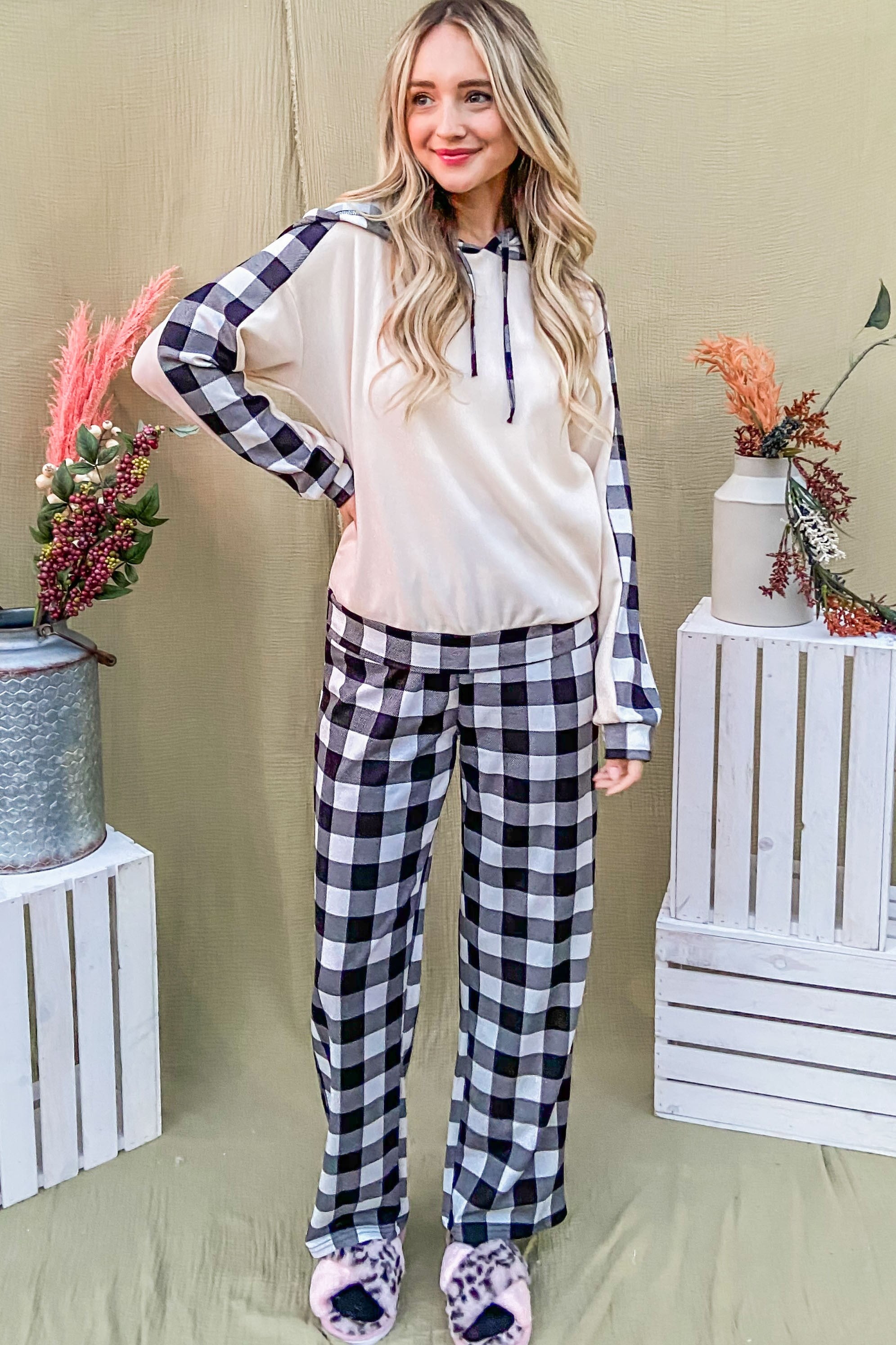 And The Why Drawstring Hooded Top and Plaid Pants Lounge Set And The Why Drawstring Hooded Top and Plaid Pants Lounge Set