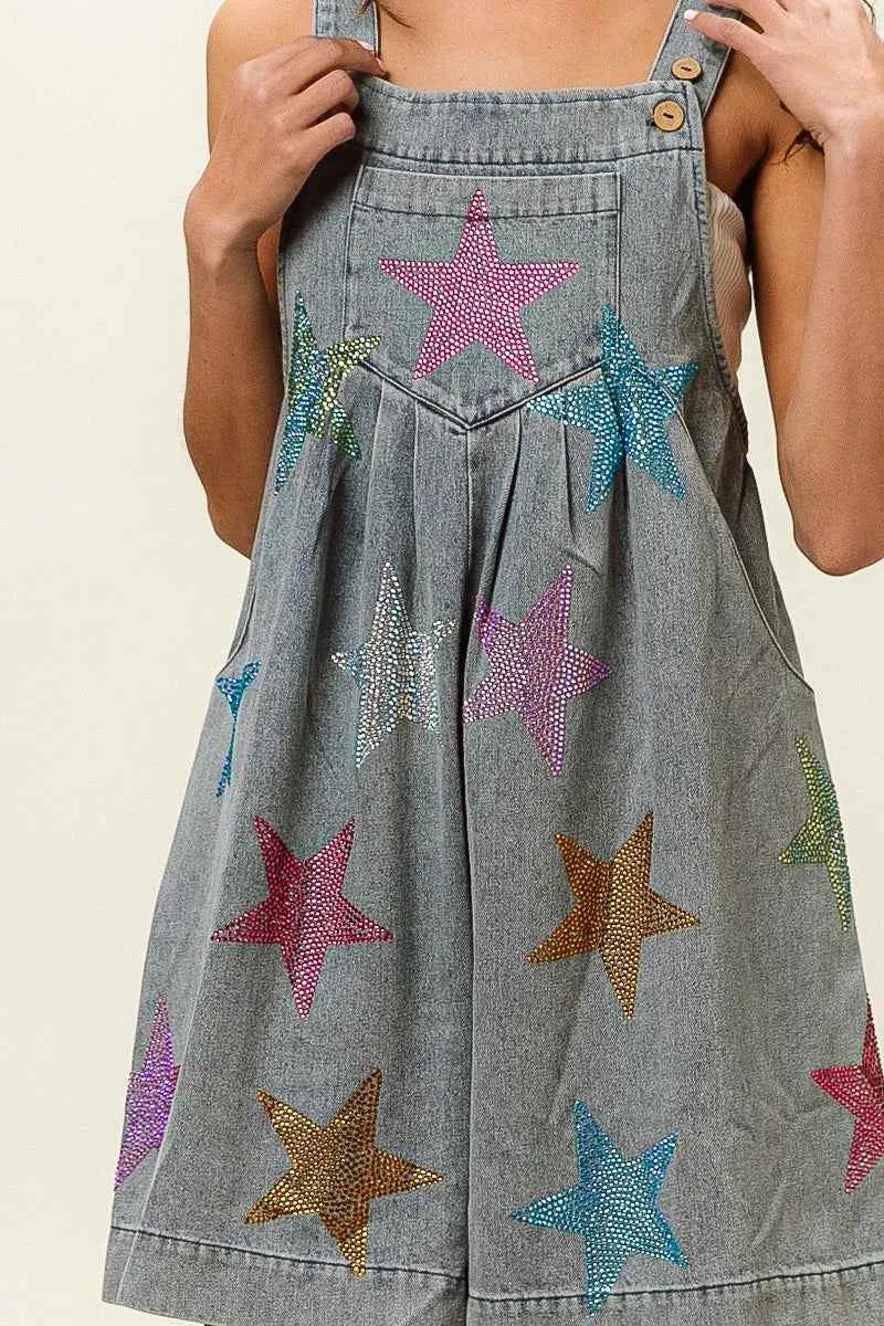 BiBi Star Rhinestone Washed Wide Leg Shortalls BiBi Star Rhinestone Washed Wide Leg Shortalls