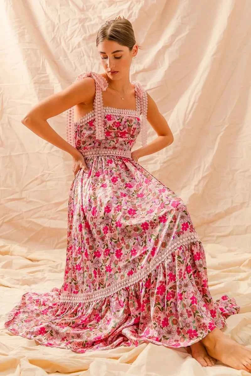 SO ME Floral Maxi Dress With Ribbon Tie Lace Strap SO ME Floral Maxi Dress With Ribbon Tie Lace Strap