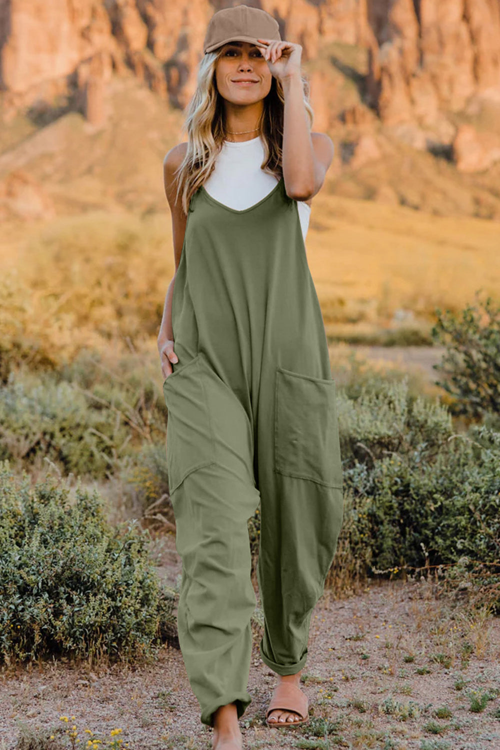 Double Take Full Size V-Neck Sleeveless Jumpsuit with Pockets Double Take Full Size V-Neck Sleeveless Jumpsuit with Pockets - TopFashionHQ